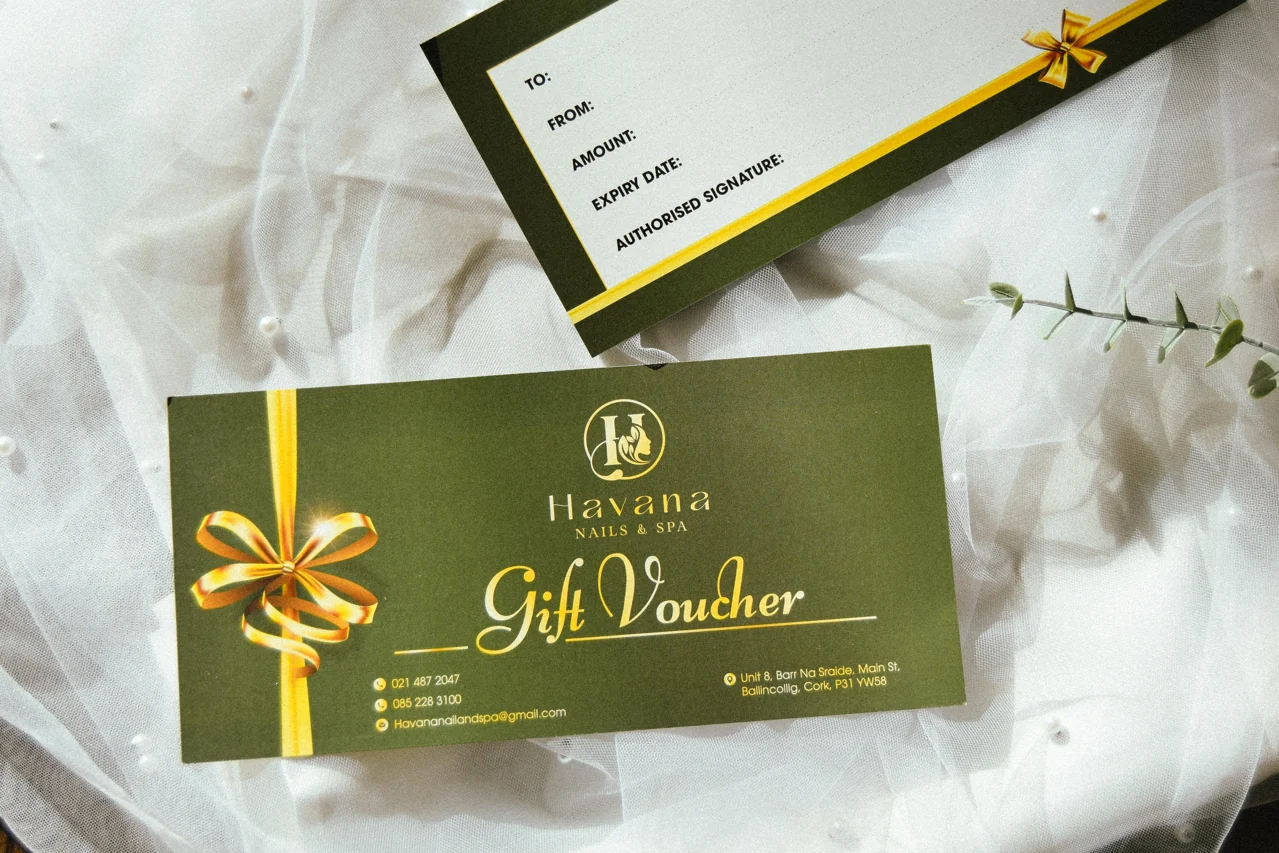 Havana’s green and gold gift vouchers on ivory fabric