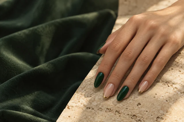 Generated emerald, nude, gold manicure inspiration