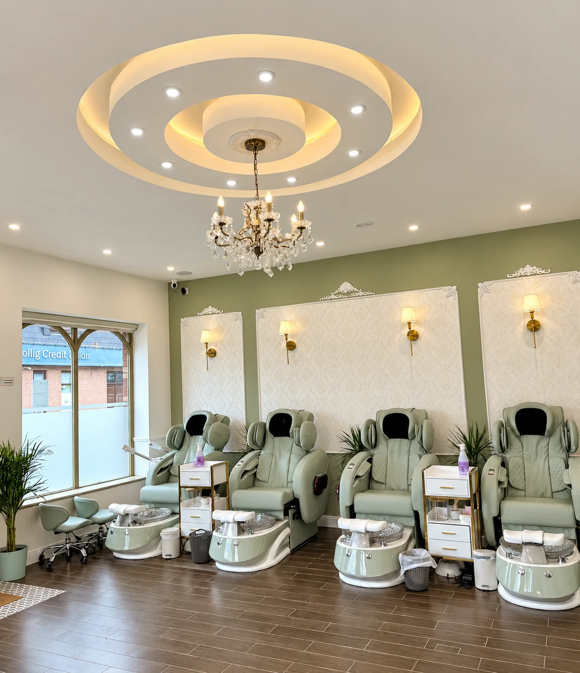 Havana’s four sage pedicure chairs beneath the chandelier